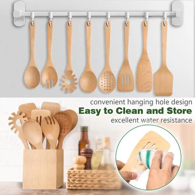 Alt view image 3 of 7 - Wooden Spoons for Cooking, 8 Pcs Beech Wood Wooden Kitchen Cooking Spoon Utensil Tools Set Includes Spatula Skimmer Pasta Scoop Non-Stick Cookware Safe by HOWHONG