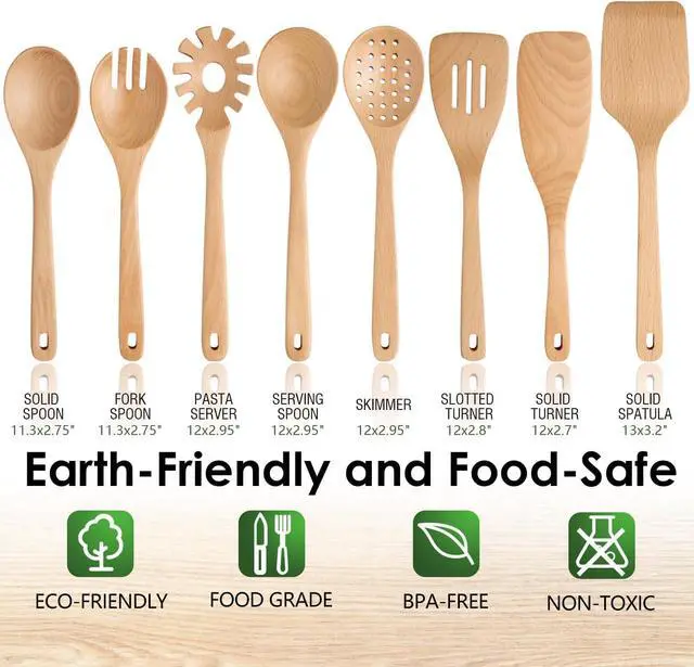 Alt view image 2 of 7 - Wooden Spoons for Cooking, 8 Pcs Beech Wood Wooden Kitchen Cooking Spoon Utensil Tools Set Includes Spatula Skimmer Pasta Scoop Non-Stick Cookware Safe by HOWHONG