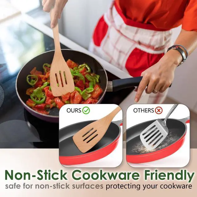 Alt view image 4 of 7 - Wooden Spoons for Cooking, 8 Pcs Beech Wood Wooden Kitchen Cooking Spoon Utensil Tools Set Includes Spatula Skimmer Pasta Scoop Non-Stick Cookware Safe by HOWHONG