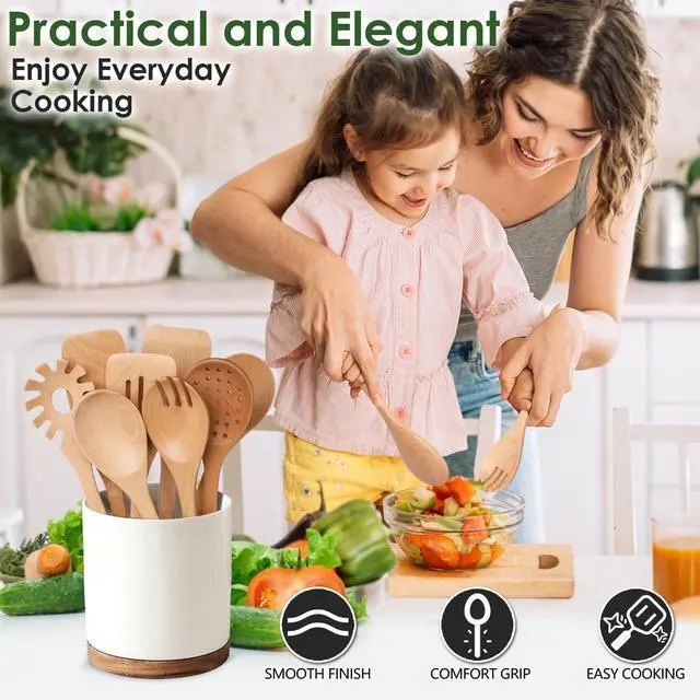 Alt view image 5 of 7 - Wooden Spoons for Cooking, 8 Pcs Beech Wood Wooden Kitchen Cooking Spoon Utensil Tools Set Includes Spatula Skimmer Pasta Scoop Non-Stick Cookware Safe by HOWHONG