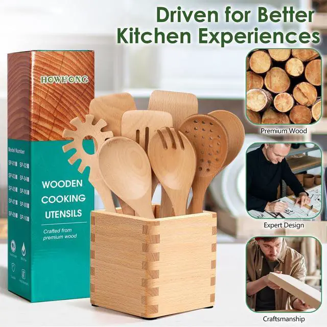 Alt view image 6 of 7 - Wooden Spoons for Cooking, 8 Pcs Beech Wood Wooden Kitchen Cooking Spoon Utensil Tools Set Includes Spatula Skimmer Pasta Scoop Non-Stick Cookware Safe by HOWHONG