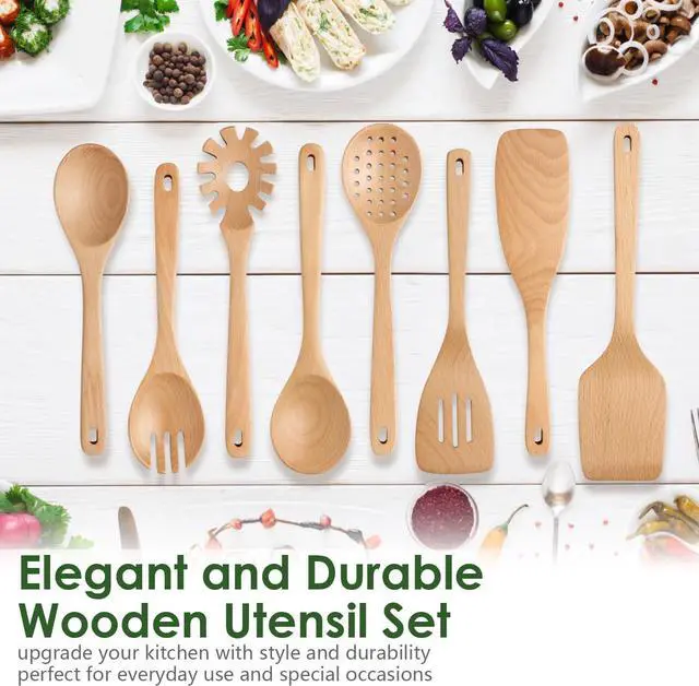 Alt view image 7 of 7 - Wooden Spoons for Cooking, 8 Pcs Beech Wood Wooden Kitchen Cooking Spoon Utensil Tools Set Includes Spatula Skimmer Pasta Scoop Non-Stick Cookware Safe by HOWHONG