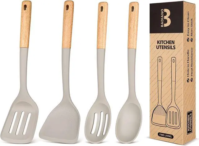Main image of Silicone Cooking Utensils Set, Perfectly Angled for Frying, Mixing,Serving,Draining,Turning and Stirring, BPA-Free Matte Silicone, Wood Handles, Safe for Nonstick Cooking Surfaces,4 Pack (Khaki)