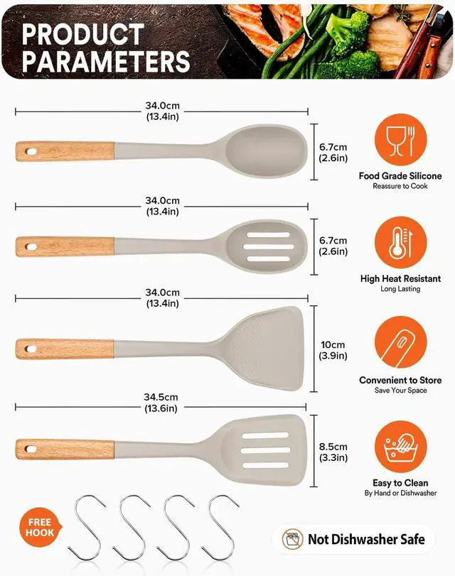 Alt view image 2 of 7 - Silicone Cooking Utensils Set, Perfectly Angled for Frying, Mixing,Serving,Draining,Turning and Stirring, BPA-Free Matte Silicone, Wood Handles, Safe for Nonstick Cooking Surfaces,4 Pack (Khaki)