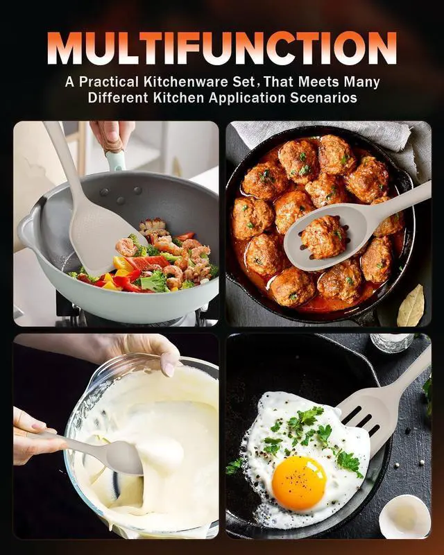 Alt view image 3 of 7 - Silicone Cooking Utensils Set, Perfectly Angled for Frying, Mixing,Serving,Draining,Turning and Stirring, BPA-Free Matte Silicone, Wood Handles, Safe for Nonstick Cooking Surfaces,4 Pack (Khaki)