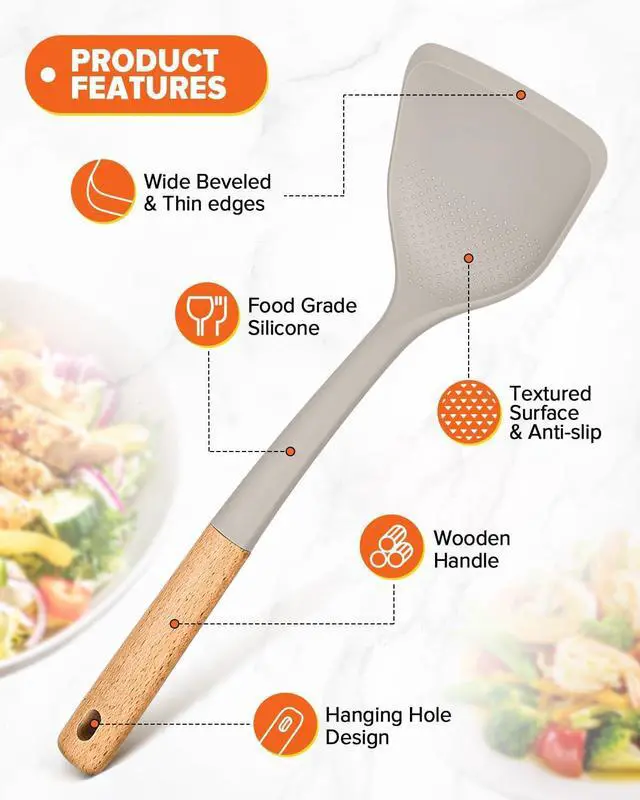 Alt view image 4 of 7 - Silicone Cooking Utensils Set, Perfectly Angled for Frying, Mixing,Serving,Draining,Turning and Stirring, BPA-Free Matte Silicone, Wood Handles, Safe for Nonstick Cooking Surfaces,4 Pack (Khaki)
