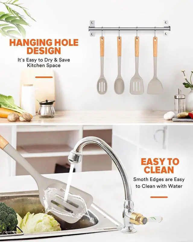 Alt view image 6 of 7 - Silicone Cooking Utensils Set, Perfectly Angled for Frying, Mixing,Serving,Draining,Turning and Stirring, BPA-Free Matte Silicone, Wood Handles, Safe for Nonstick Cooking Surfaces,4 Pack (Khaki)