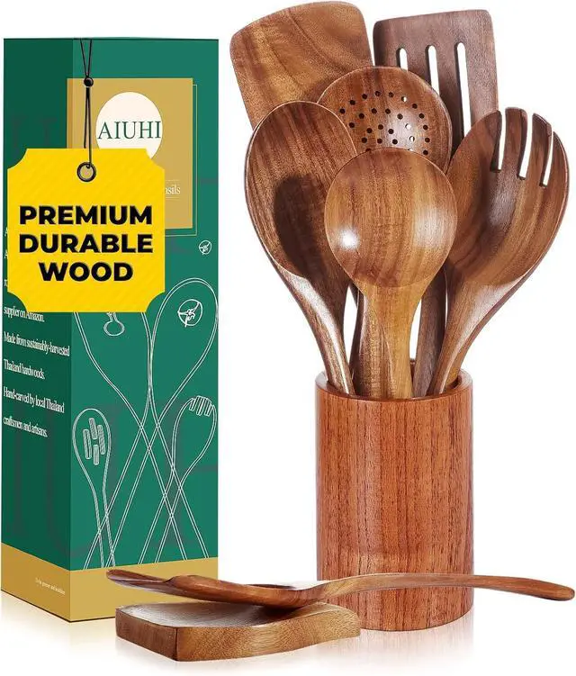 Main image of AIUHI Natural Solid Teak Wooden Cooking Utensils for Nonstick Cookware, Wooden Kitchen Utensils Set Includes Spoons, Spatulas, Strainer Spoon, Salad Fork with Holder and Spoon Rest (9PCS)