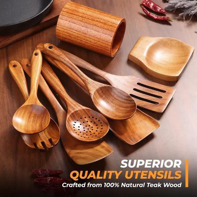 Alt view image 2 of 7 - AIUHI Natural Solid Teak Wooden Cooking Utensils for Nonstick Cookware, Wooden Kitchen Utensils Set Includes Spoons, Spatulas, Strainer Spoon, Salad Fork with Holder and Spoon Rest (9PCS)