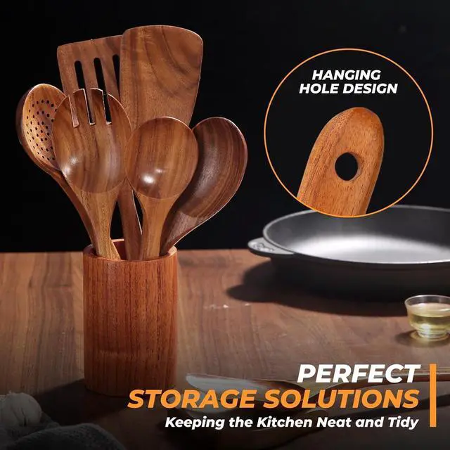 Alt view image 4 of 7 - AIUHI Natural Solid Teak Wooden Cooking Utensils for Nonstick Cookware, Wooden Kitchen Utensils Set Includes Spoons, Spatulas, Strainer Spoon, Salad Fork with Holder and Spoon Rest (9PCS)