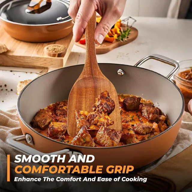 Alt view image 5 of 7 - AIUHI Natural Solid Teak Wooden Cooking Utensils for Nonstick Cookware, Wooden Kitchen Utensils Set Includes Spoons, Spatulas, Strainer Spoon, Salad Fork with Holder and Spoon Rest (9PCS)