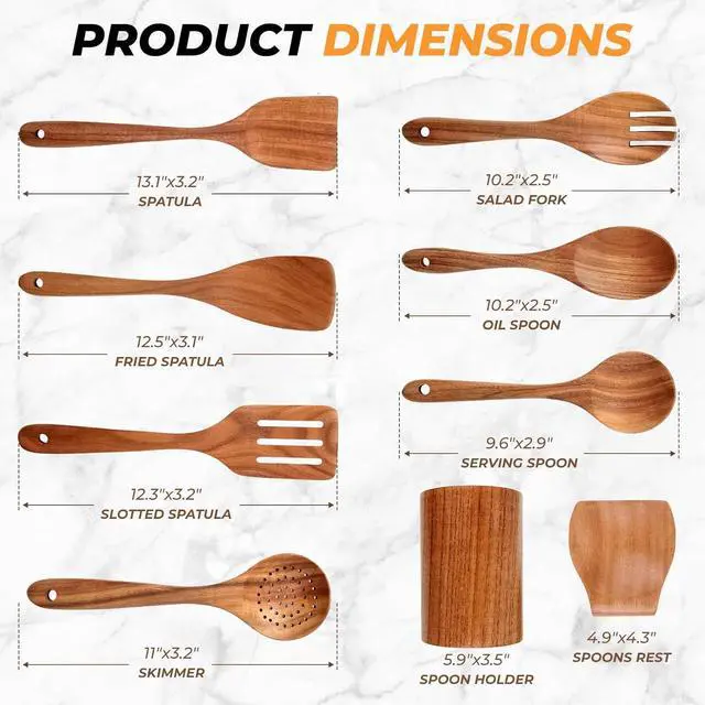 Alt view image 6 of 7 - AIUHI Natural Solid Teak Wooden Cooking Utensils for Nonstick Cookware, Wooden Kitchen Utensils Set Includes Spoons, Spatulas, Strainer Spoon, Salad Fork with Holder and Spoon Rest (9PCS)