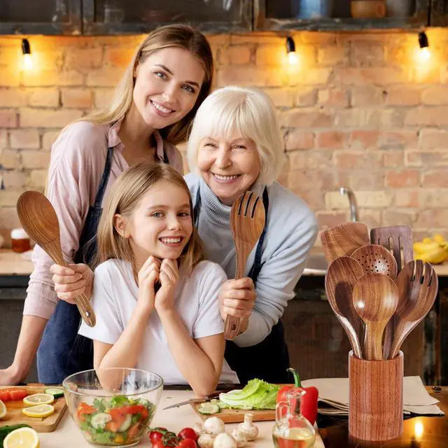 Alt view image 7 of 7 - AIUHI Natural Solid Teak Wooden Cooking Utensils for Nonstick Cookware, Wooden Kitchen Utensils Set Includes Spoons, Spatulas, Strainer Spoon, Salad Fork with Holder and Spoon Rest (9PCS)