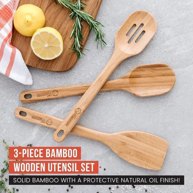 Alt view image 3 of 7 - Chef Pomodoro Bamboo Cooking Utensils 3-Piece Set, Large 12.5-Inch Wooden Spatula and Frying Set