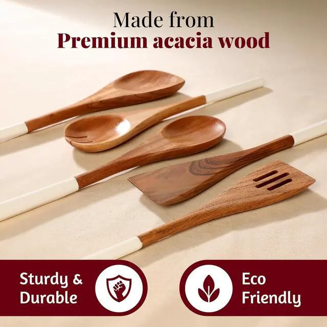 Alt view image 3 of 7 - Folkulture Wooden Spoons for Cooking | 12" Premium Acacia Wooden Utensil Set of 5 - Smooth Finish, Soft Comfort Cooking Utensils Set for Kitchen, Gifts | Non Stick Wooden Cooking Utensils Set of 5