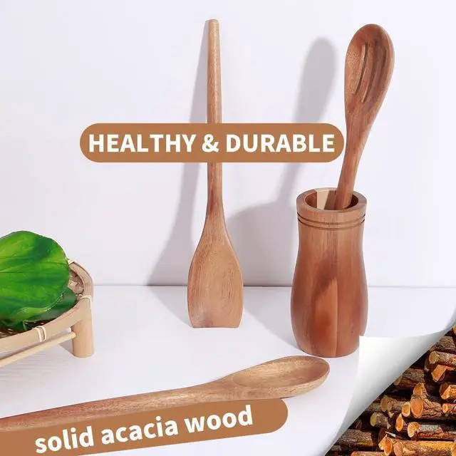 Alt view image 2 of 7 - Delicate Wooden Utensils For Cooking, Set of 3, Wood Kitchen Utensils Cooking Tools, 12 Inch Acacia Wooden Spoons Spatula Set, Cooking Gadgets Safe For Nonstick Cookware, Easy To Use