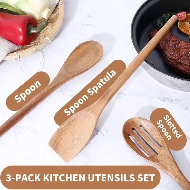 Alt view image 3 of 7 - Delicate Wooden Utensils For Cooking, Set of 3, Wood Kitchen Utensils Cooking Tools, 12 Inch Acacia Wooden Spoons Spatula Set, Cooking Gadgets Safe For Nonstick Cookware, Easy To Use