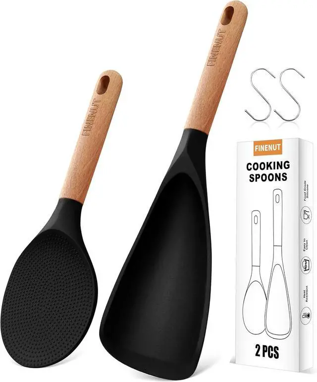 Main image of Multifunction Silicone Spatula Spoon 2-Pack Dual-Use-Heat-Resistant 446°F BPA-Free Non-Toxic Cooking for Non-Stick Cookware,Rice Cookers,Wooden Handle Scoop/Serve Meal/Rice Spoon Set (Black)