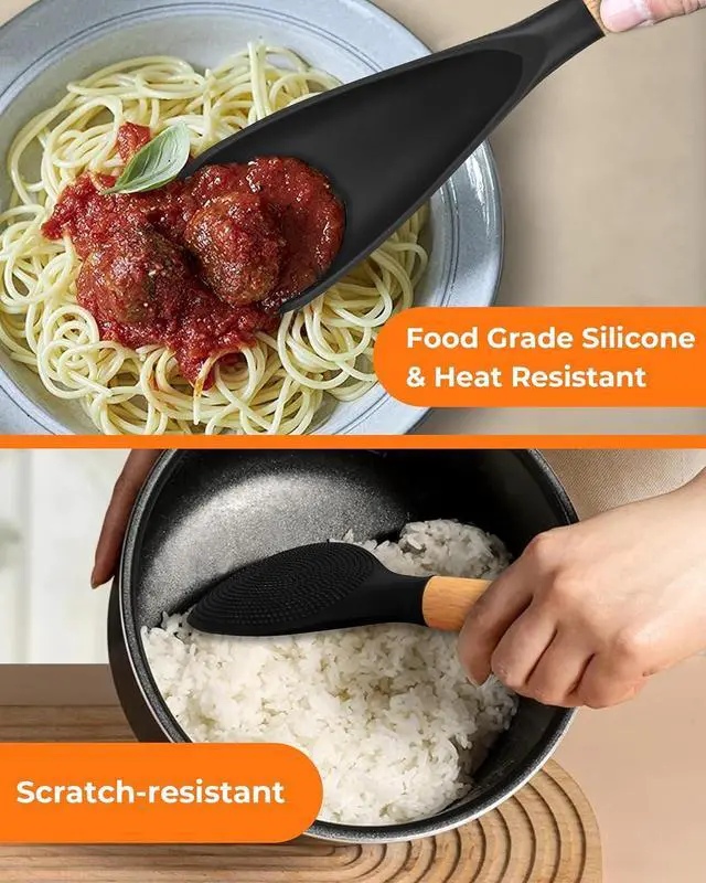Alt view image 2 of 6 - Multifunction Silicone Spatula Spoon 2-Pack Dual-Use-Heat-Resistant 446°F BPA-Free Non-Toxic Cooking for Non-Stick Cookware,Rice Cookers,Wooden Handle Scoop/Serve Meal/Rice Spoon Set (Black)