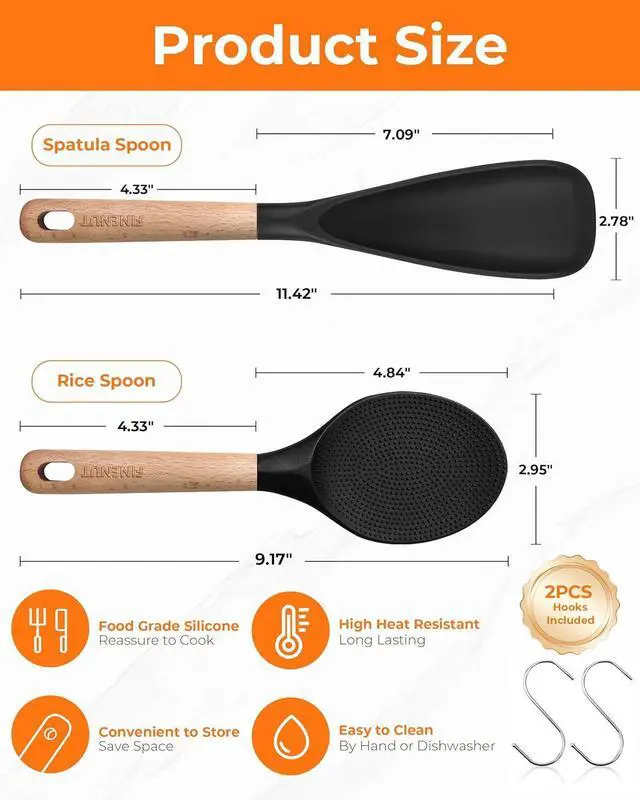 Alt view image 3 of 6 - Multifunction Silicone Spatula Spoon 2-Pack Dual-Use-Heat-Resistant 446°F BPA-Free Non-Toxic Cooking for Non-Stick Cookware,Rice Cookers,Wooden Handle Scoop/Serve Meal/Rice Spoon Set (Black)