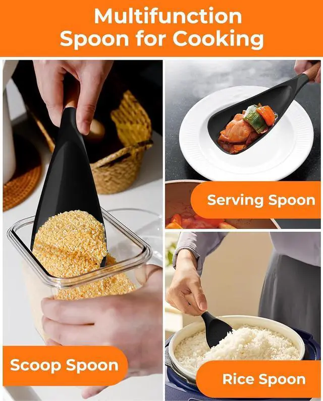 Alt view image 5 of 6 - Multifunction Silicone Spatula Spoon 2-Pack Dual-Use-Heat-Resistant 446°F BPA-Free Non-Toxic Cooking for Non-Stick Cookware,Rice Cookers,Wooden Handle Scoop/Serve Meal/Rice Spoon Set (Black)