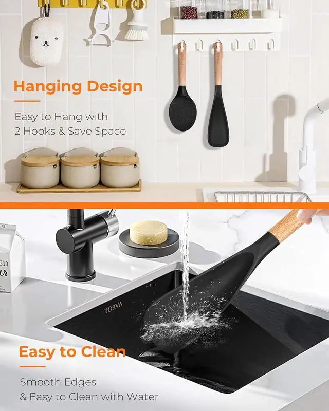 Alt view image 6 of 6 - Multifunction Silicone Spatula Spoon 2-Pack Dual-Use-Heat-Resistant 446°F BPA-Free Non-Toxic Cooking for Non-Stick Cookware,Rice Cookers,Wooden Handle Scoop/Serve Meal/Rice Spoon Set (Black)