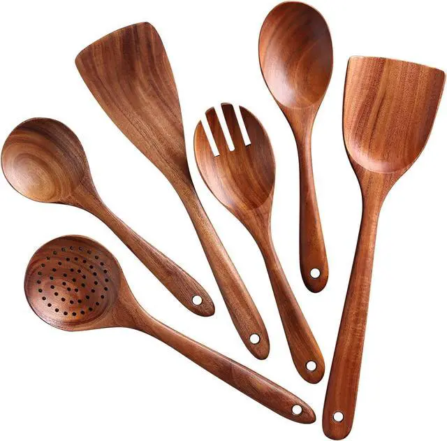 Main image of Wooden Spoons for Cooking, 6 Pcs Wooden Utensils for Cooking, Natural Teak Wood Non-Stick Cooking Spoons, Wood Utensils Set for Kitchen