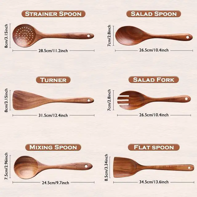 Alt view image 2 of 7 - Wooden Spoons for Cooking, 6 Pcs Wooden Utensils for Cooking, Natural Teak Wood Non-Stick Cooking Spoons, Wood Utensils Set for Kitchen