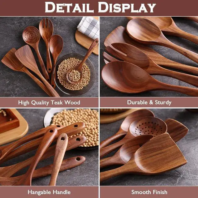 Alt view image 3 of 7 - Wooden Spoons for Cooking, 6 Pcs Wooden Utensils for Cooking, Natural Teak Wood Non-Stick Cooking Spoons, Wood Utensils Set for Kitchen