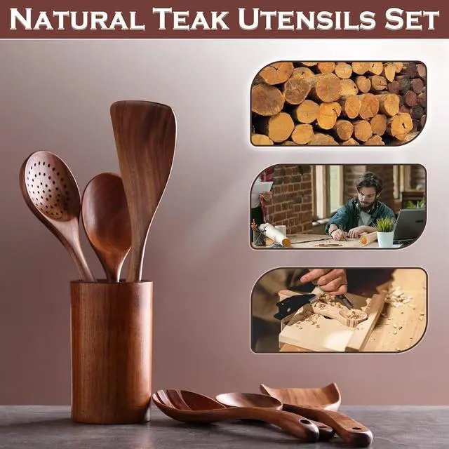 Alt view image 6 of 7 - Wooden Spoons for Cooking, 6 Pcs Wooden Utensils for Cooking, Natural Teak Wood Non-Stick Cooking Spoons, Wood Utensils Set for Kitchen