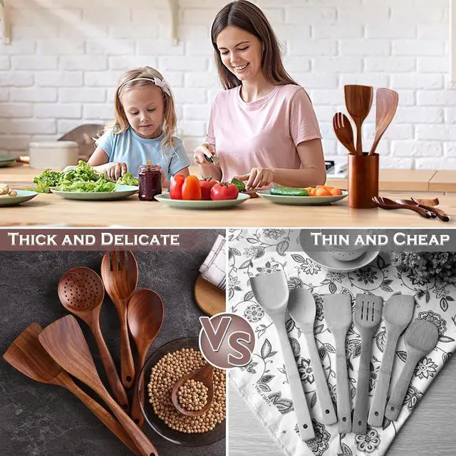 Alt view image 5 of 7 - Wooden Spoons for Cooking, 6 Pcs Wooden Utensils for Cooking, Natural Teak Wood Non-Stick Cooking Spoons, Wood Utensils Set for Kitchen