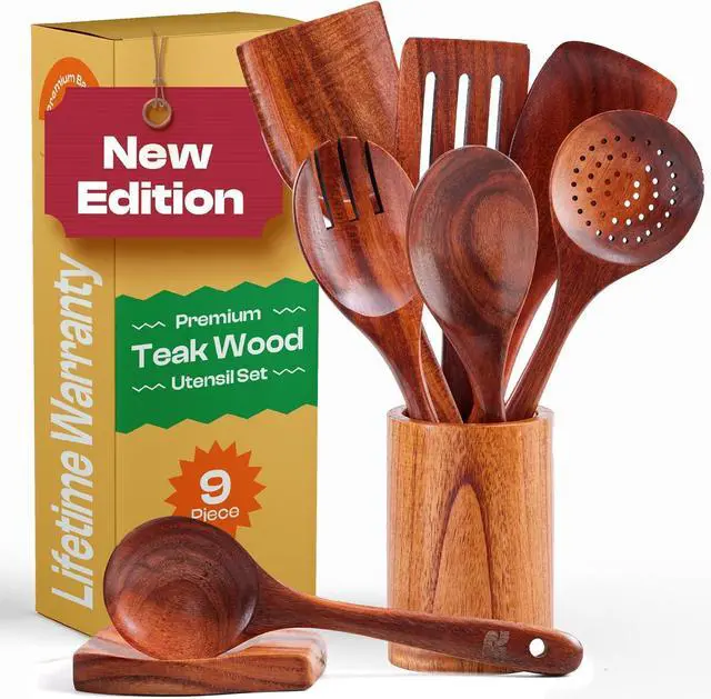 Main image of Riveira's 9-Piece Dark Brown Kitchen Essentials Wooden Cooking Utensils Set - Complete Kitchen Utensils Set for Gourmet Results