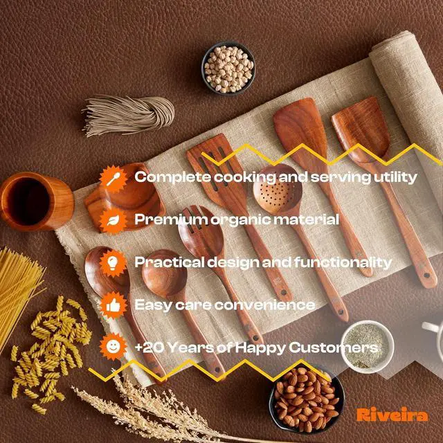 Alt view image 6 of 6 - Riveira's 9-Piece Dark Brown Kitchen Essentials Wooden Cooking Utensils Set - Complete Kitchen Utensils Set for Gourmet Results