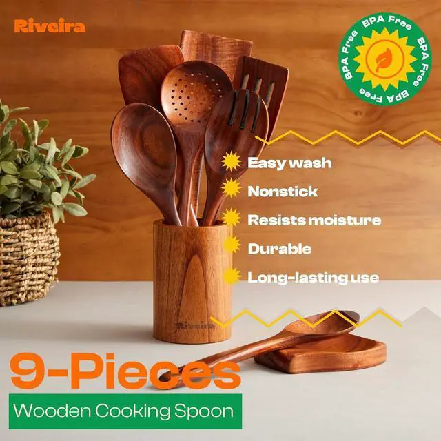 Alt view image 4 of 6 - Riveira's 9-Piece Dark Brown Kitchen Essentials Wooden Cooking Utensils Set - Complete Kitchen Utensils Set for Gourmet Results