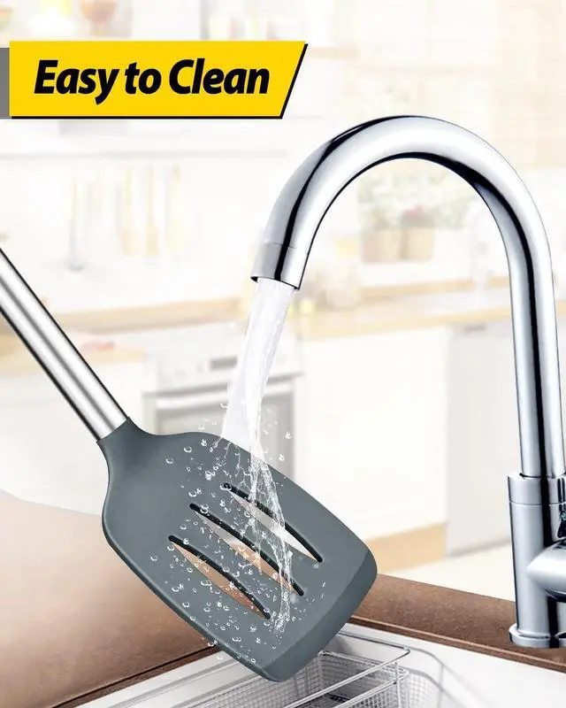 Alt view image 5 of 7 - Pack of 4 Silicone Cooking Utensils Set, Non Stick Large Solid Spatulas, Heat Resistant Gray Slotted Spoons, Ideal BPA Free Kitchen Turners for Frying, Mixing,Serving,Draining,Turning,Stirring