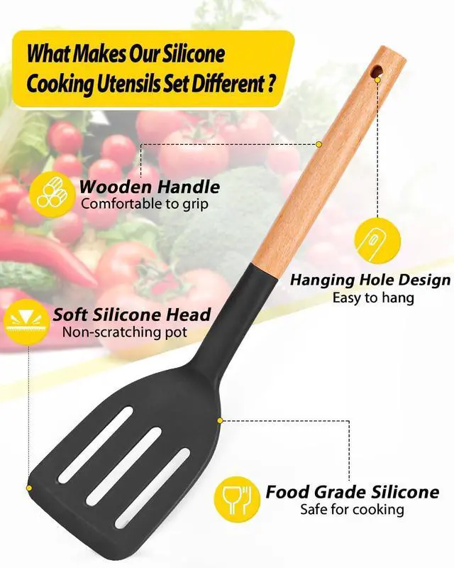 Alt view image 2 of 7 - Pack of 4 Silicone Cooking Utensils Set, Non Stick Solid Spatulas and Heat Resistant Slotted Spoons with Wooden Handle, Ideal Wood Kitchen Utensils Set for Frying,Serving,Turning,Stirring (BLACK)