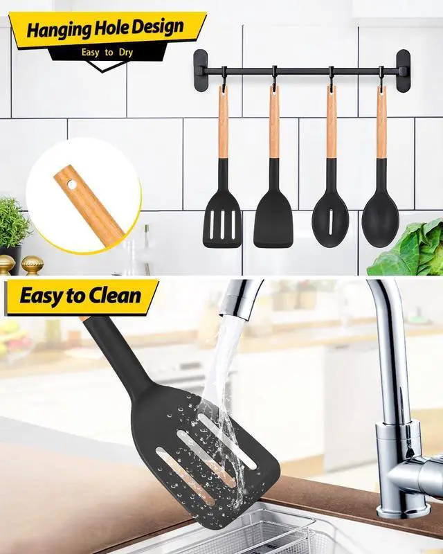 Alt view image 6 of 7 - Pack of 4 Silicone Cooking Utensils Set, Non Stick Solid Spatulas and Heat Resistant Slotted Spoons with Wooden Handle, Ideal Wood Kitchen Utensils Set for Frying,Serving,Turning,Stirring (BLACK)