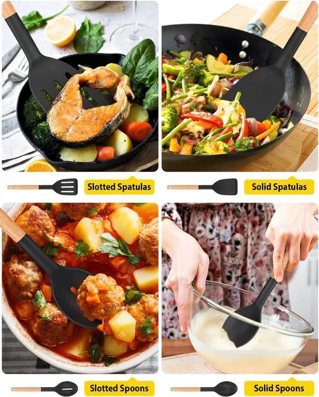 Alt view image 5 of 7 - Pack of 4 Silicone Cooking Utensils Set, Non Stick Solid Spatulas and Heat Resistant Slotted Spoons with Wooden Handle, Ideal Wood Kitchen Utensils Set for Frying,Serving,Turning,Stirring (BLACK)