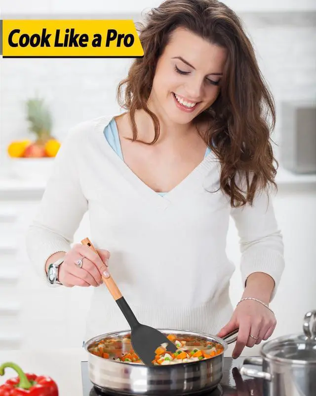 Alt view image 4 of 7 - Pack of 4 Silicone Cooking Utensils Set, Non Stick Solid Spatulas and Heat Resistant Slotted Spoons with Wooden Handle, Ideal Wood Kitchen Utensils Set for Frying,Serving,Turning,Stirring (BLACK)