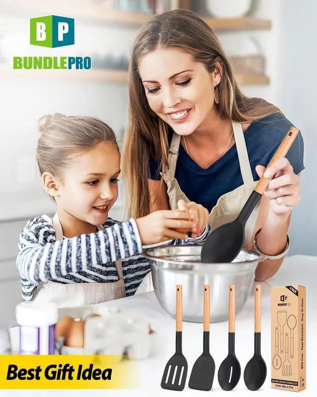 Alt view image 7 of 7 - Pack of 4 Silicone Cooking Utensils Set, Non Stick Solid Spatulas and Heat Resistant Slotted Spoons with Wooden Handle, Ideal Wood Kitchen Utensils Set for Frying,Serving,Turning,Stirring (BLACK)