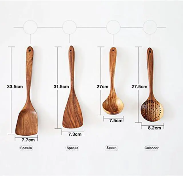 Alt view image 3 of 7 - Wooden Spoons for Cooking, 4 Pcs Wooden Natural Teak Wood Spatulas Spoon, Nonstick Kitchen Utensil Set