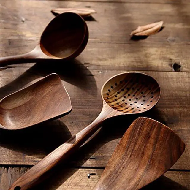 Alt view image 4 of 7 - Wooden Spoons for Cooking, 4 Pcs Wooden Natural Teak Wood Spatulas Spoon, Nonstick Kitchen Utensil Set