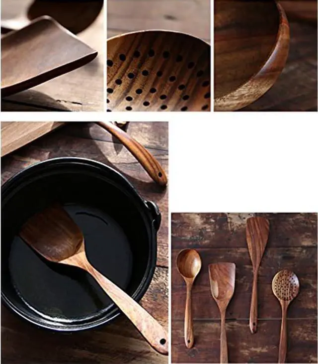 Alt view image 5 of 7 - Wooden Spoons for Cooking, 4 Pcs Wooden Natural Teak Wood Spatulas Spoon, Nonstick Kitchen Utensil Set