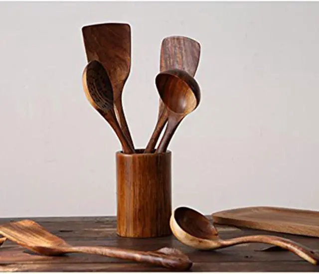 Alt view image 6 of 7 - Wooden Spoons for Cooking, 4 Pcs Wooden Natural Teak Wood Spatulas Spoon, Nonstick Kitchen Utensil Set