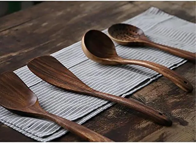 Alt view image 7 of 7 - Wooden Spoons for Cooking, 4 Pcs Wooden Natural Teak Wood Spatulas Spoon, Nonstick Kitchen Utensil Set