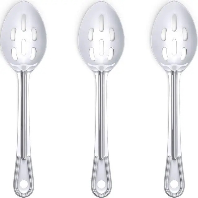 Main image of Super Strong, Ergonomic 11 in Serving Spoon 3 Pk. Big, Slotted Stainless Steel Spoons for Cooking, Baking and Basting. Best Kitchen Flatware for Buffet and Banquet Service in Restaurants and Homes