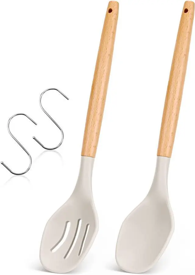 Main image of Large Silicone Cooking Spoons, 2 Pack Nonstick Solid and Slotted Wooden handle Spoon Set, Heat Resistan Silicone Kitchen Spoons for Cooking, Serving, Basting, Mixing (Khaki)
