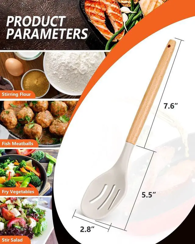 Alt view image 2 of 7 - Large Silicone Cooking Spoons, 2 Pack Nonstick Solid and Slotted Wooden handle Spoon Set, Heat Resistan Silicone Kitchen Spoons for Cooking, Serving, Basting, Mixing (Khaki)