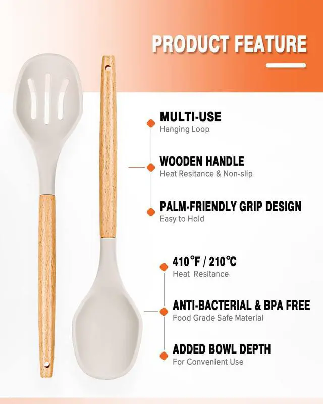 Alt view image 3 of 7 - Large Silicone Cooking Spoons, 2 Pack Nonstick Solid and Slotted Wooden handle Spoon Set, Heat Resistan Silicone Kitchen Spoons for Cooking, Serving, Basting, Mixing (Khaki)