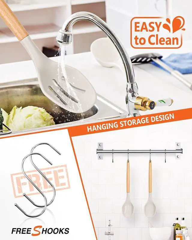 Alt view image 4 of 7 - Large Silicone Cooking Spoons, 2 Pack Nonstick Solid and Slotted Wooden handle Spoon Set, Heat Resistan Silicone Kitchen Spoons for Cooking, Serving, Basting, Mixing (Khaki)